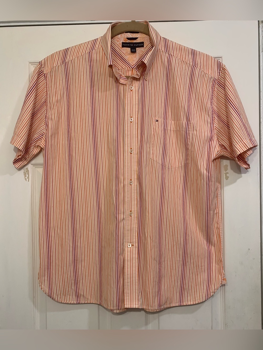 Vintage Tommy Hilfiger Mens Orange & Red Vertical Striped XL Shirt. 3488